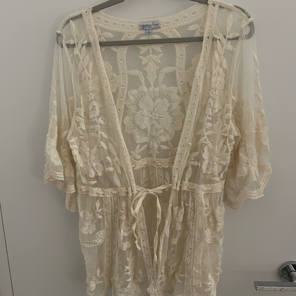 Floral Sheer Lace Kimono - Cream